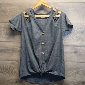 BiBi Charcoal Cold Shoulder Waffle Fabric Blouse Women's Size Large